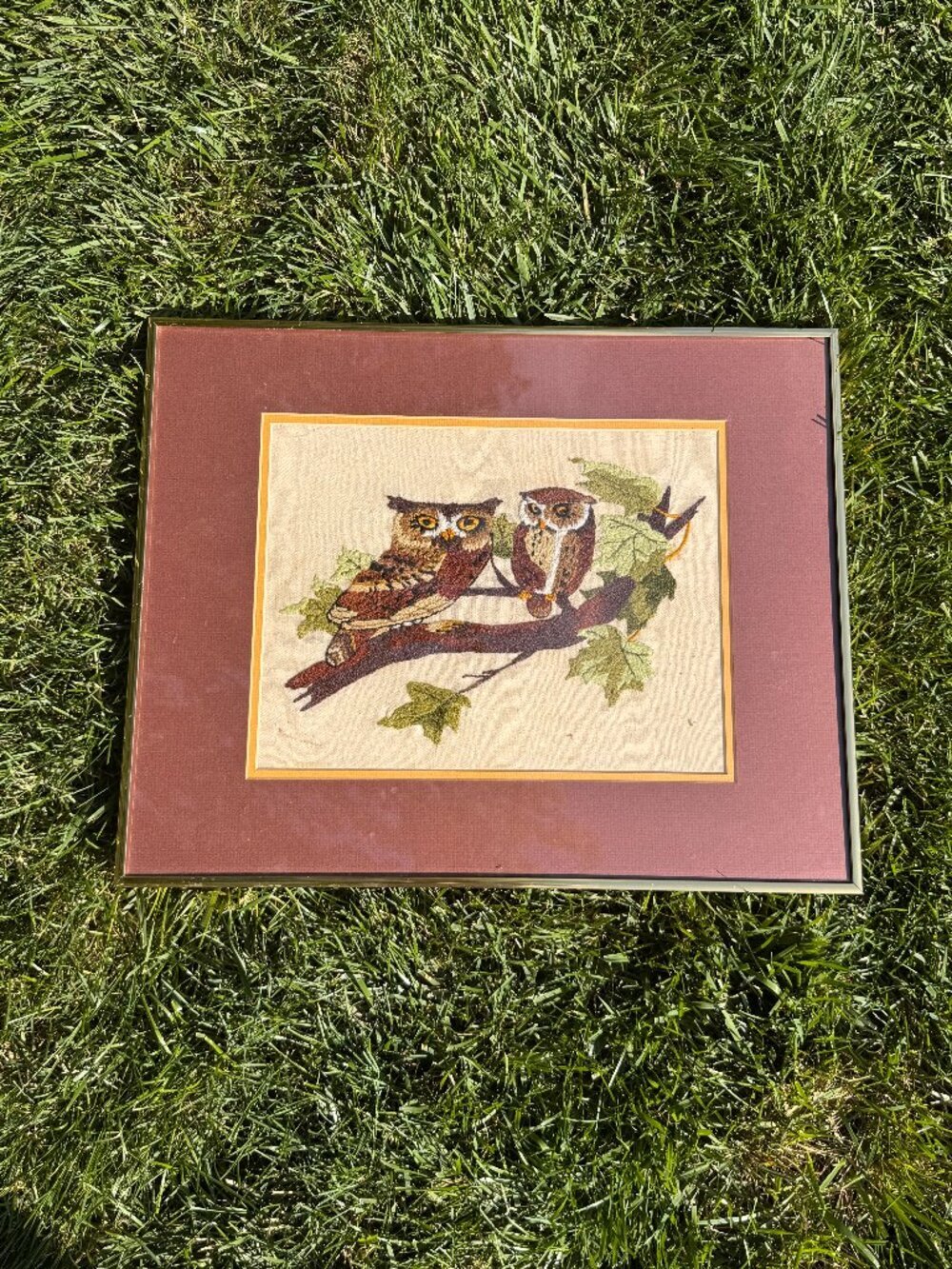 Vintage Owl Crewel Embroidery in Metal Frame